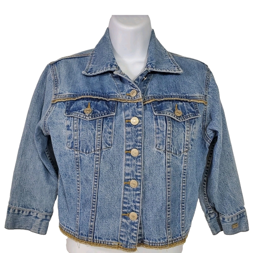 Vintage 90s Jean Jacket Tommy Hilfiger Denim Med. Blue Cropped 3/4 Slv. Sz XL